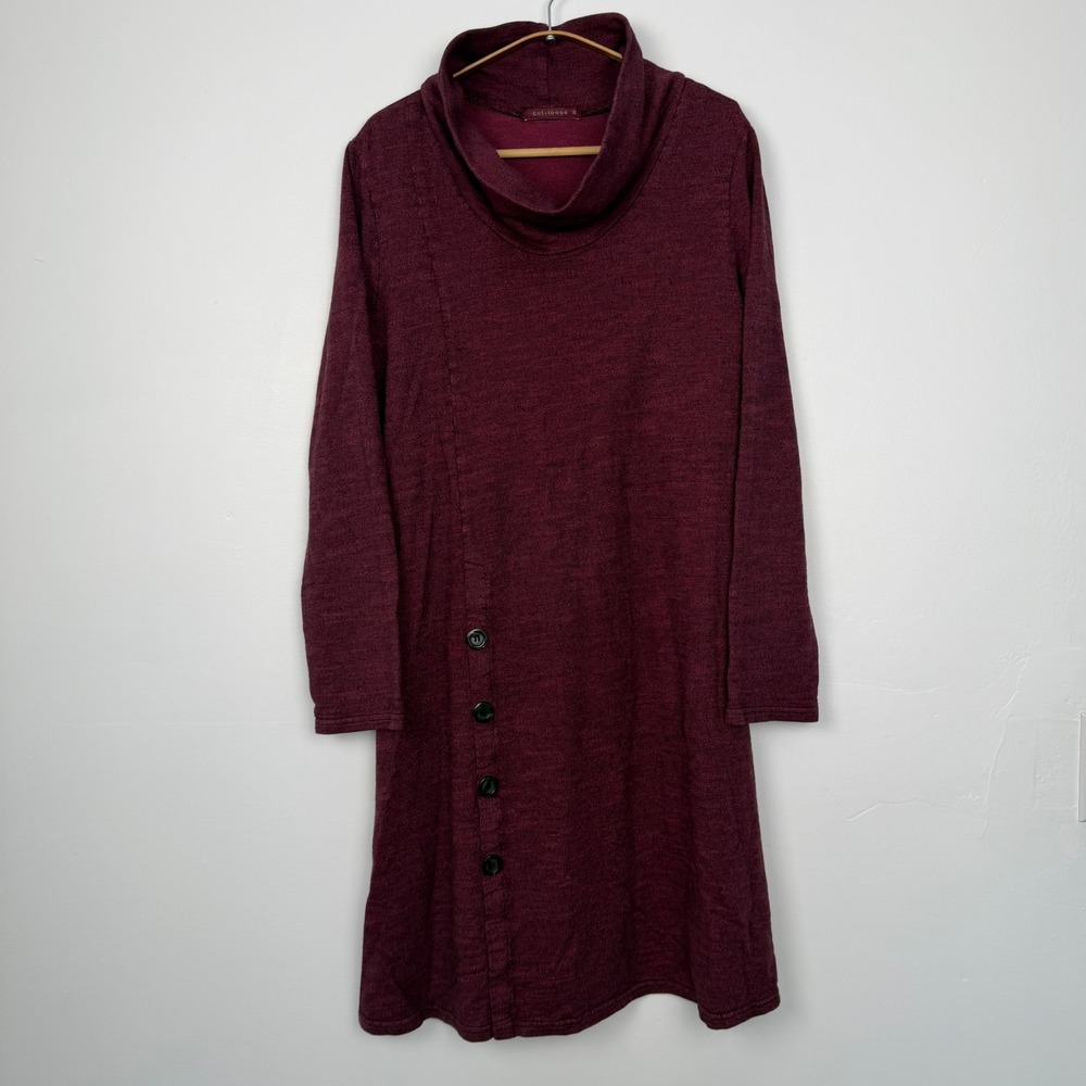 Cut Loose Womens Burgundy Cowl Neck Button Detail Knit Tunic Dress Size M USA